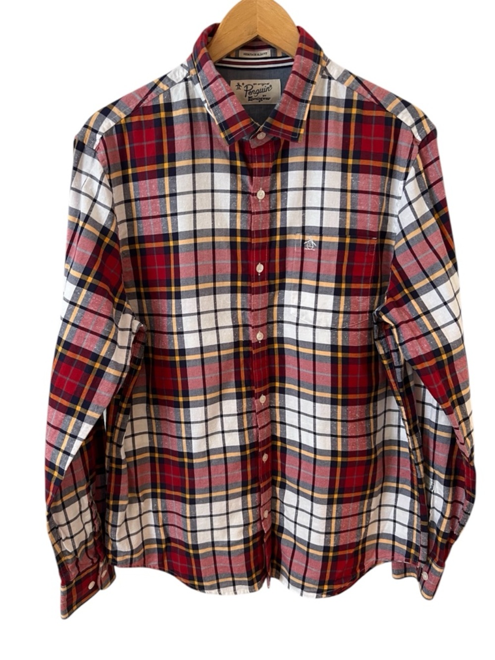 Men's PENGUIN Red yellow White Blue Plaid Shirt SLIM FIT Sz L